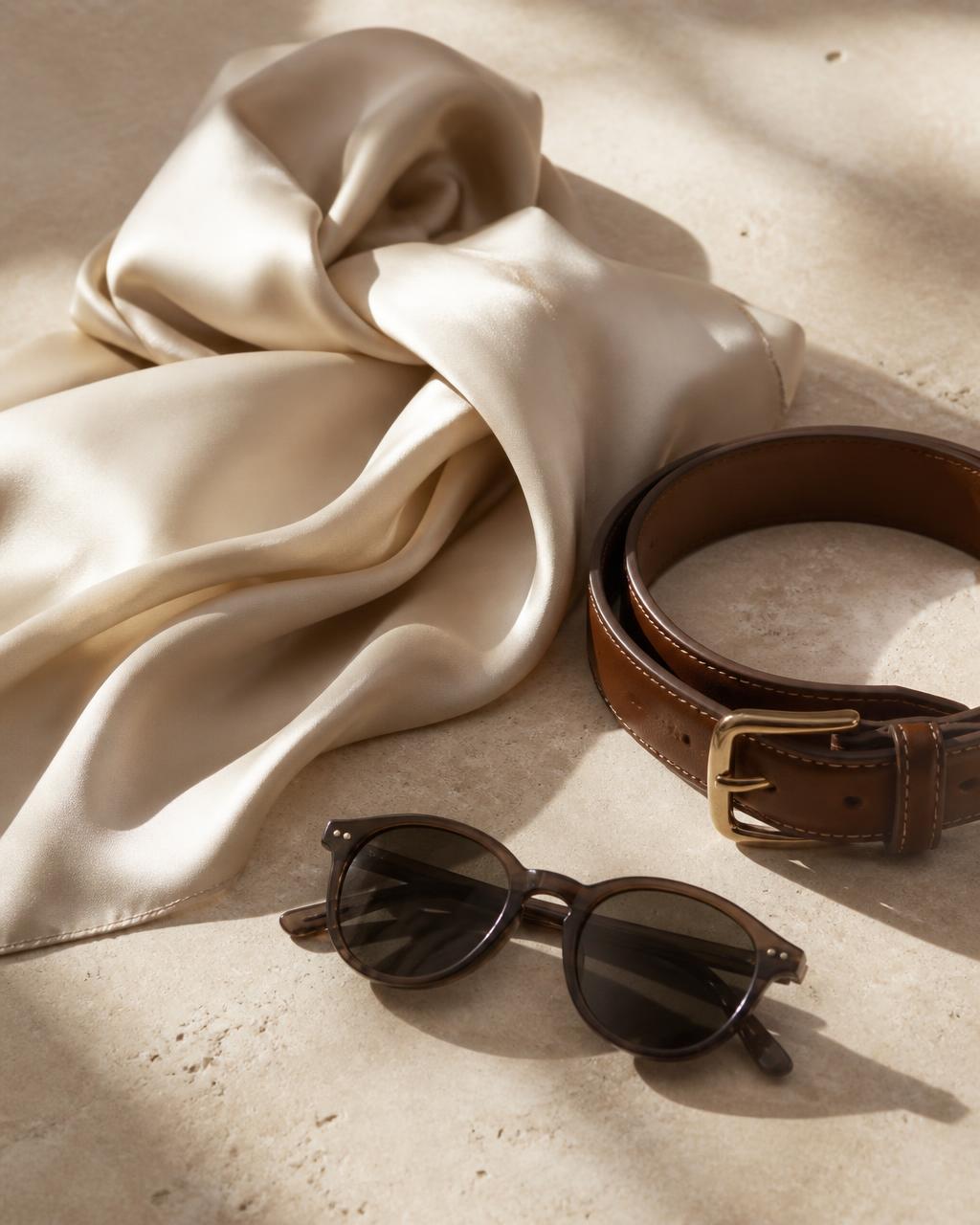Silk scarf, leather belt and sunglasses arranged on a stone surface