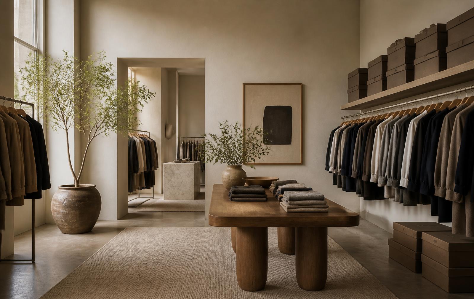 Neutral fashion showroom with clothing racks and stacked boxes