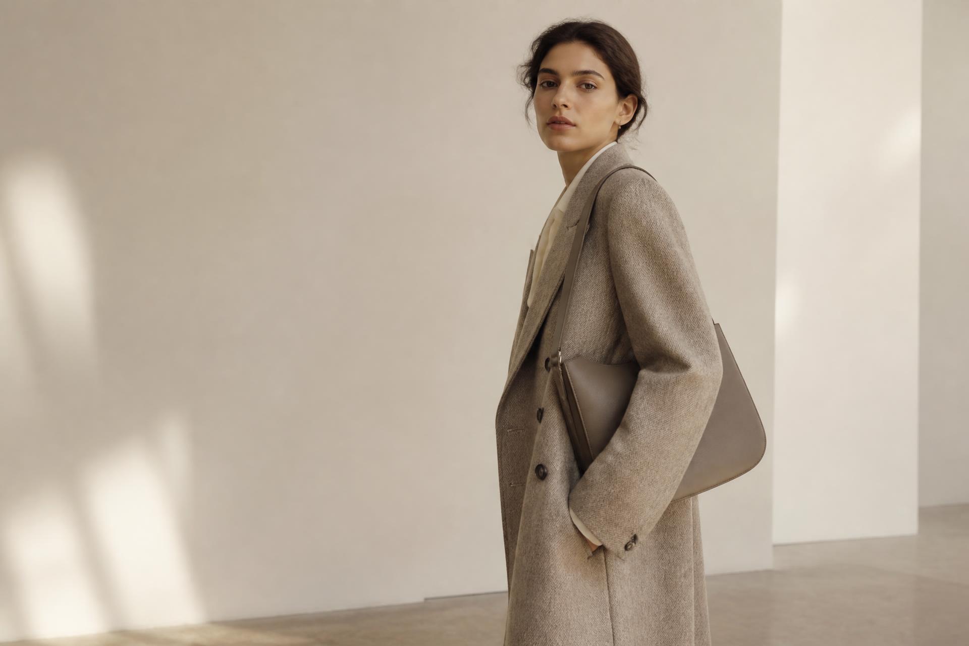 Editorial fashion photograph of a model in a neutral tailored coat carrying a leather bag